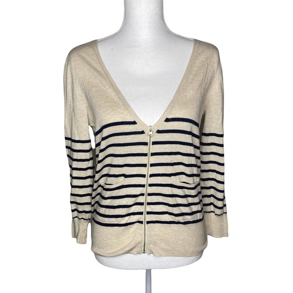 J Crew Beige Striped Wool Blend Zip Up V Neck Cardigan Sweater Size S Womens - Picture 1 of 8